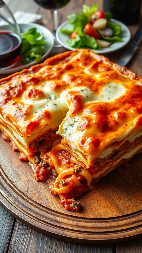 A baked lasagna with bubbling cheese and layers of meat sauce, served on a wooden table.